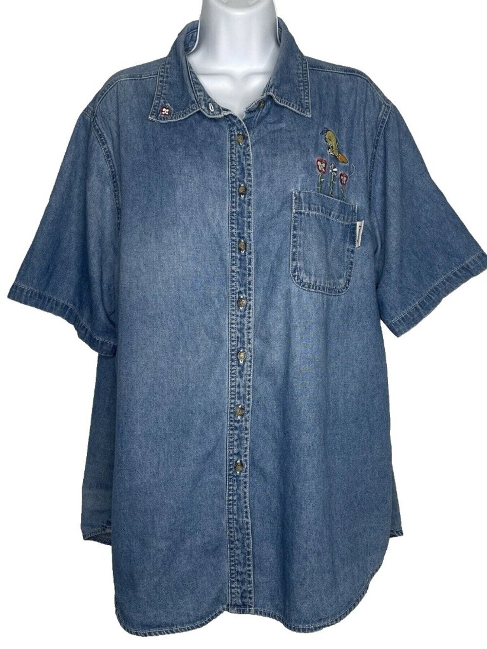 Vintage Y2K Looney Tunes Blue Denim Shirt Size 16W Tweety Bird Embroidered